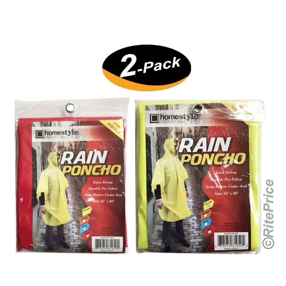 PVC Rain Ponchos for Adults Waterproof Emergency Hooded Poncho Raincoat (2 Pack)